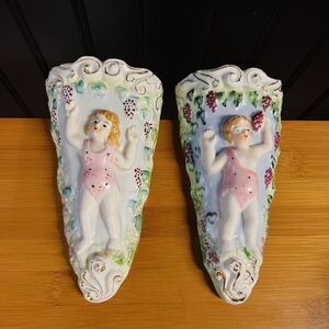 2 Japan Vintage Wall Pockets Planter Vase Porcelain Hand Painted Grapes Cherub
